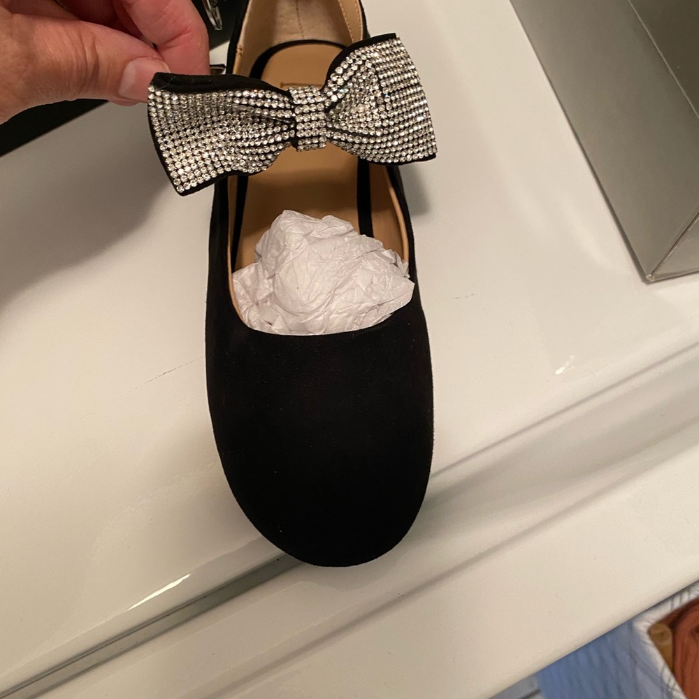 Girls INC black suede dress Shoes with crystal/ jewel ankle bow strap NWT